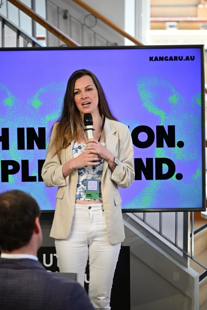 Anna Korol speaking at a Kangaru event in Sydney